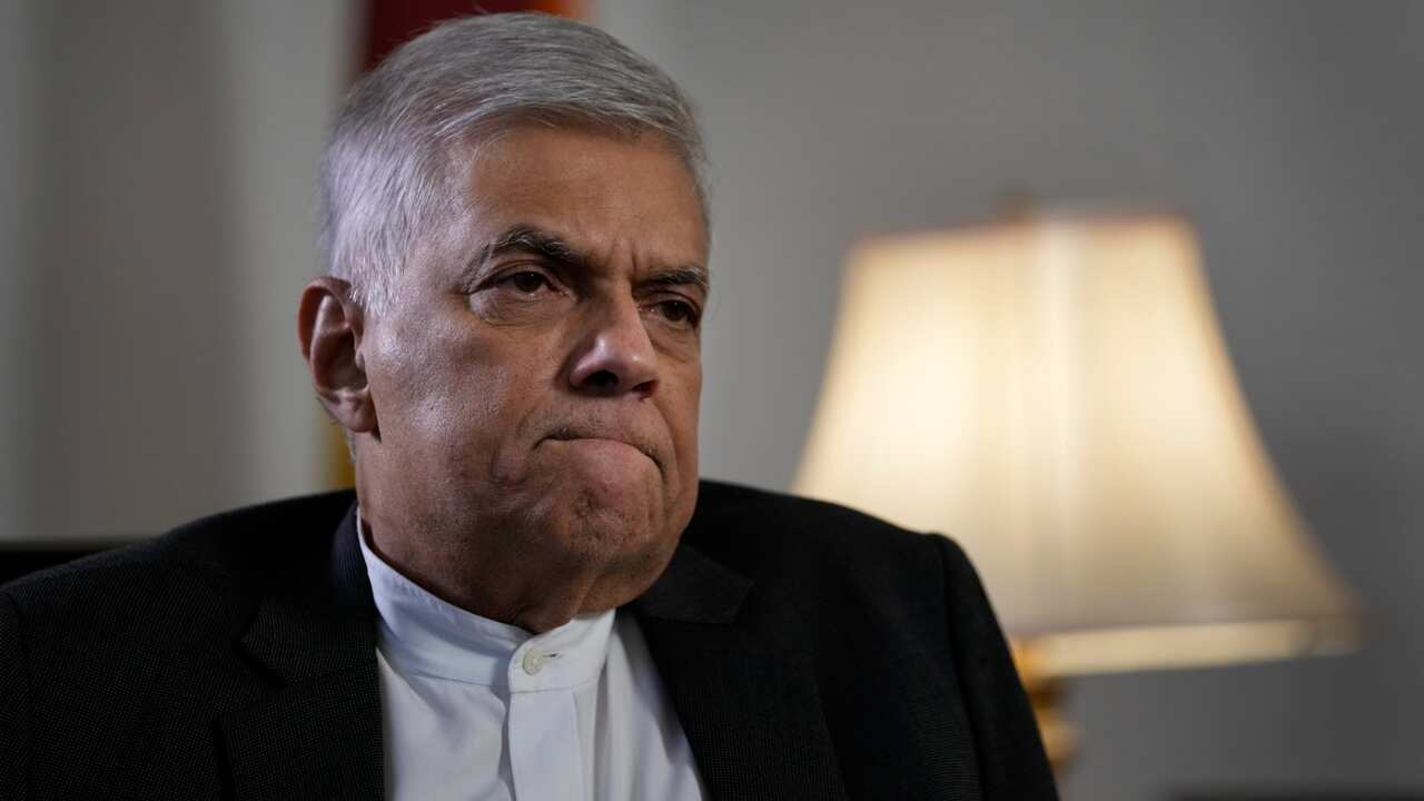 Sri Lanka's prime minister Ranil Wickremesinghe gestures during an interview with The Associated Press in Colombo, Sri Lanka, June 11, 2022.