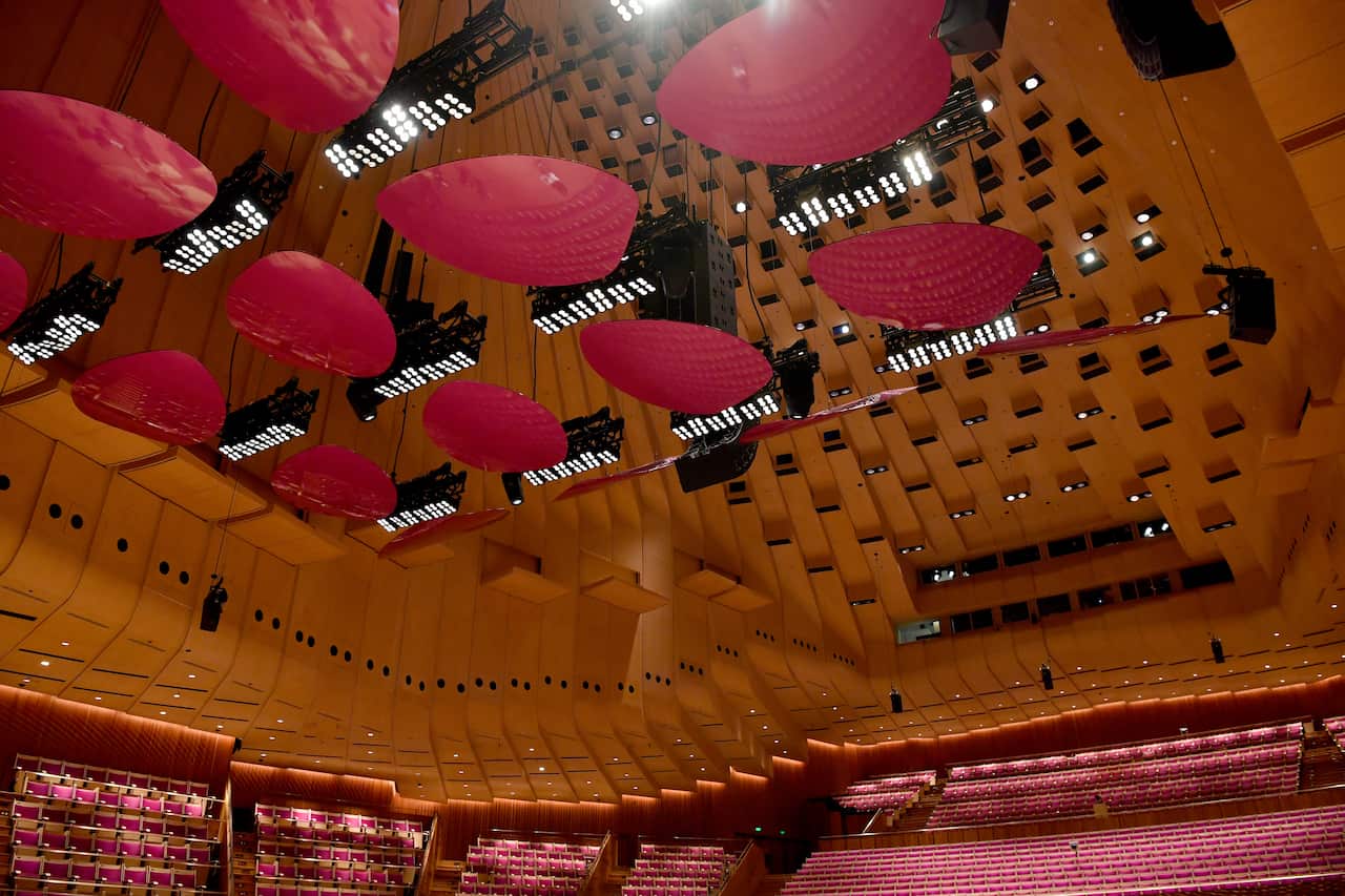 General view of the 18 specially-designed above stage acoustic reflectors at the new Concert Hall at the Sydney Opera House.