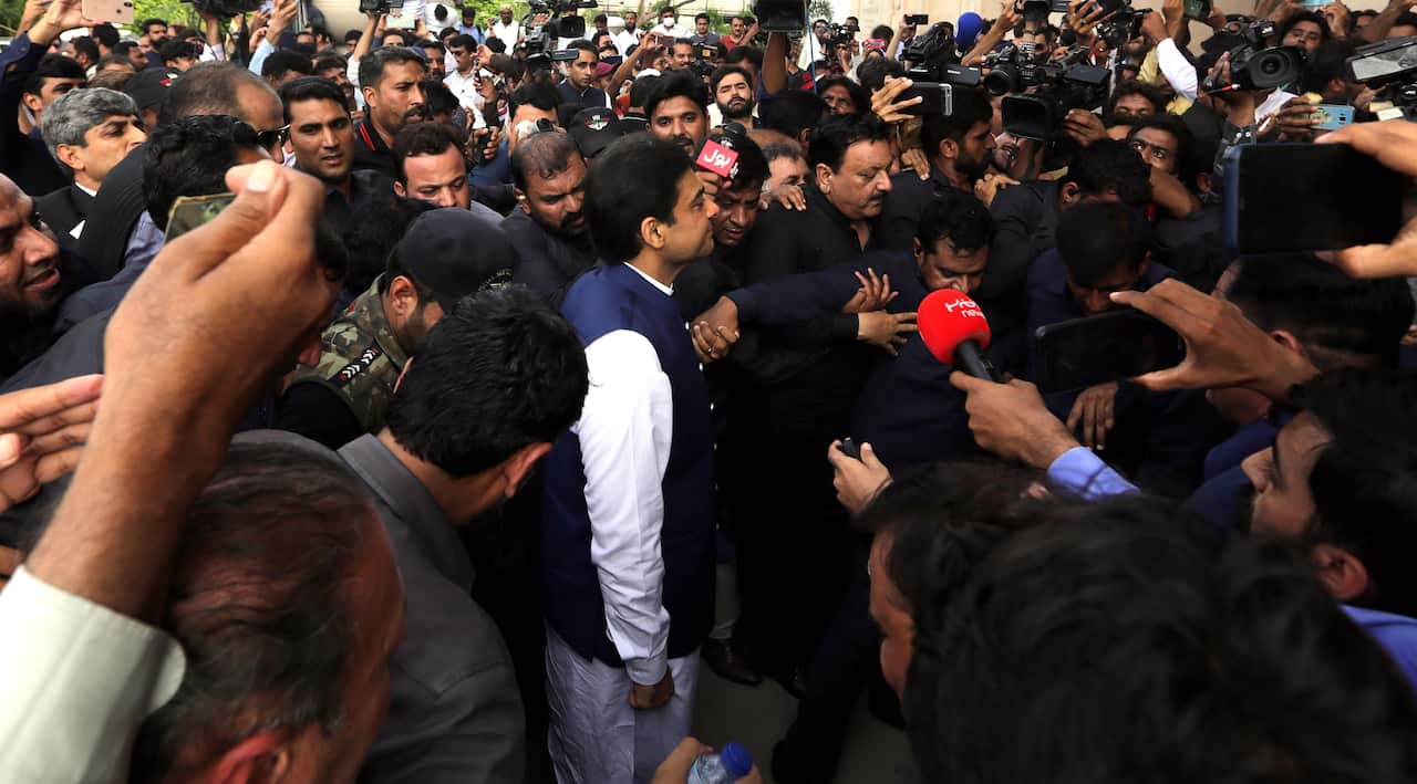 of the new Chief Minister of Punjab province, in Lahore, Pakistan, 22 July 2022. The 25 defected MPAs of opposition party Pakistan Tehrik-e-Insaf were removed from office on May 20 by the Election Commission of Pakistan (ECP), who claimed they had left th