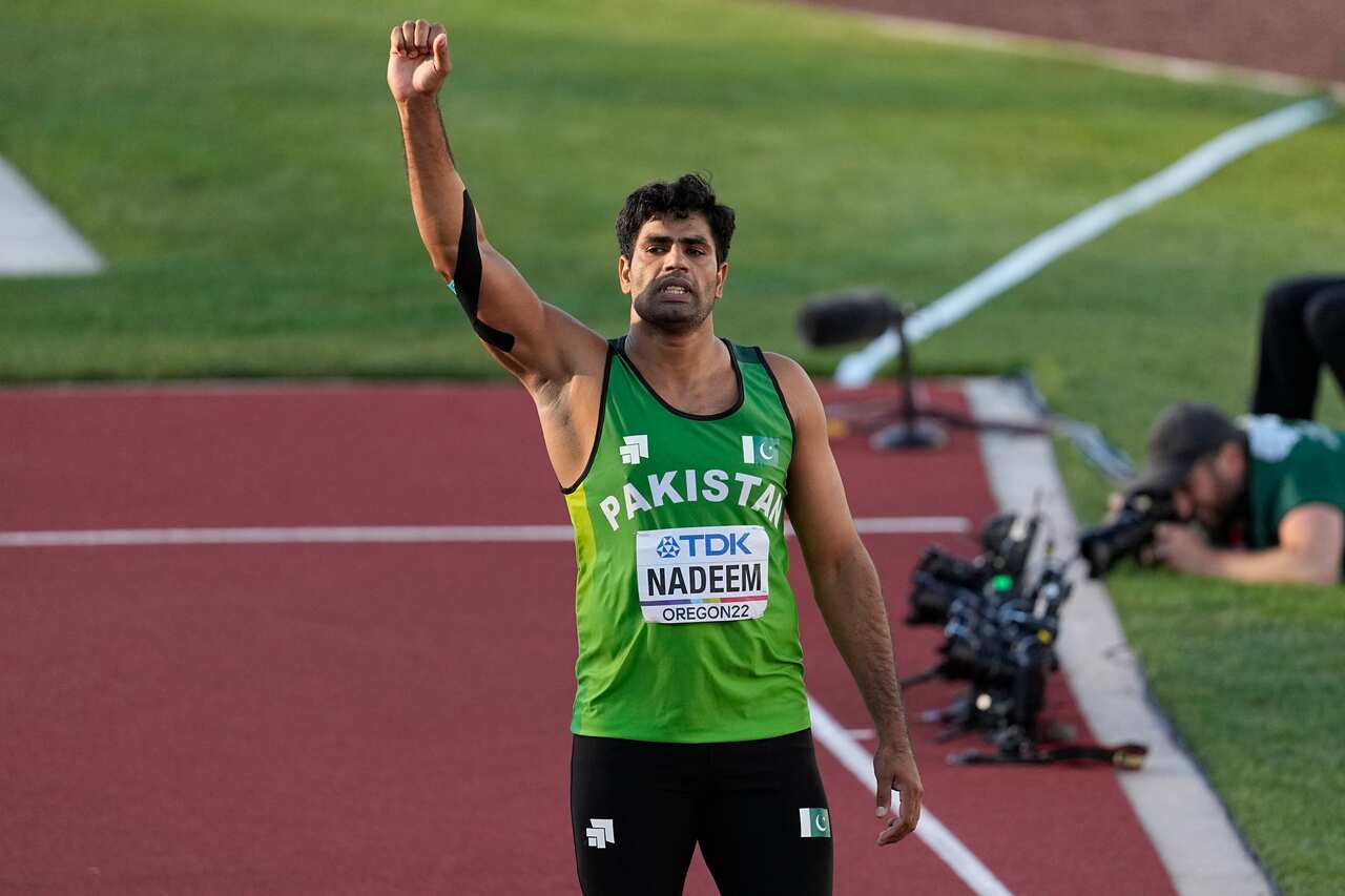 Arshad Nadeem, of Pakistan, celebrates during the men's javelin throw final at the World Athletics Championships on Saturday, July 23, 2022, in Eugene, Ore. (AP Photo/Gregory Bull)