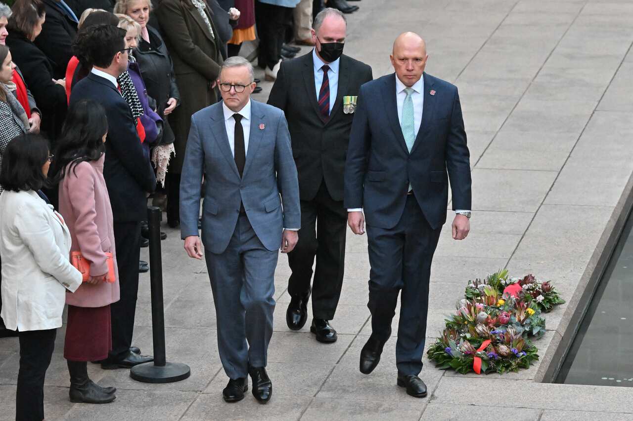 Prime Minister Anthony Albanese and Leader of the Opposition Peter Dutton attend the Last Post Ceremony at the Australian War Memorial in Canberra, Monday, July 25, 2022. (AAP Image/Mick Tsikas) NO ARCHIVING