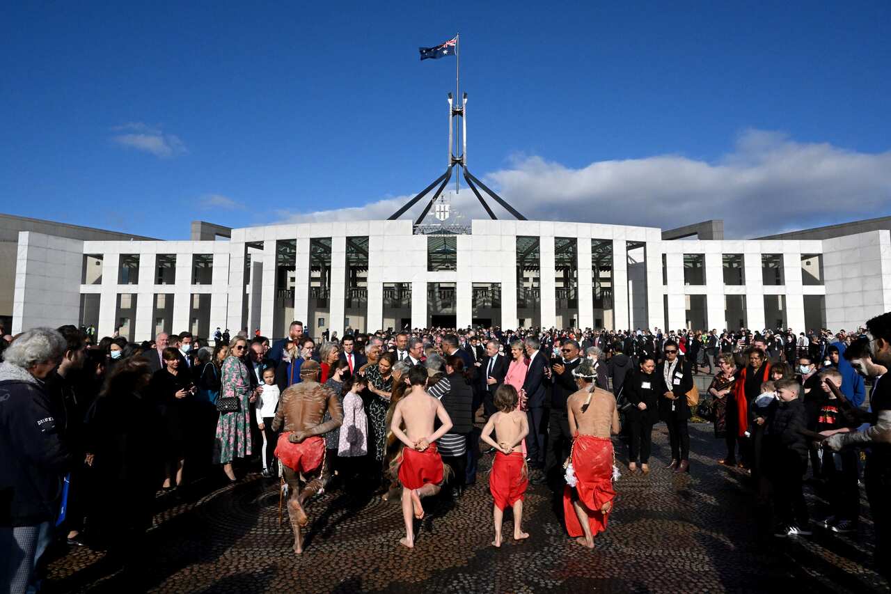 A smoking ceremony is held in the forecourt during the opening of the 47th Federal Parliament at Parliament House in Canberra, Tuesday, July 26, 2022. (AAP Image/Mick Tsikas) NO ARCHIVING