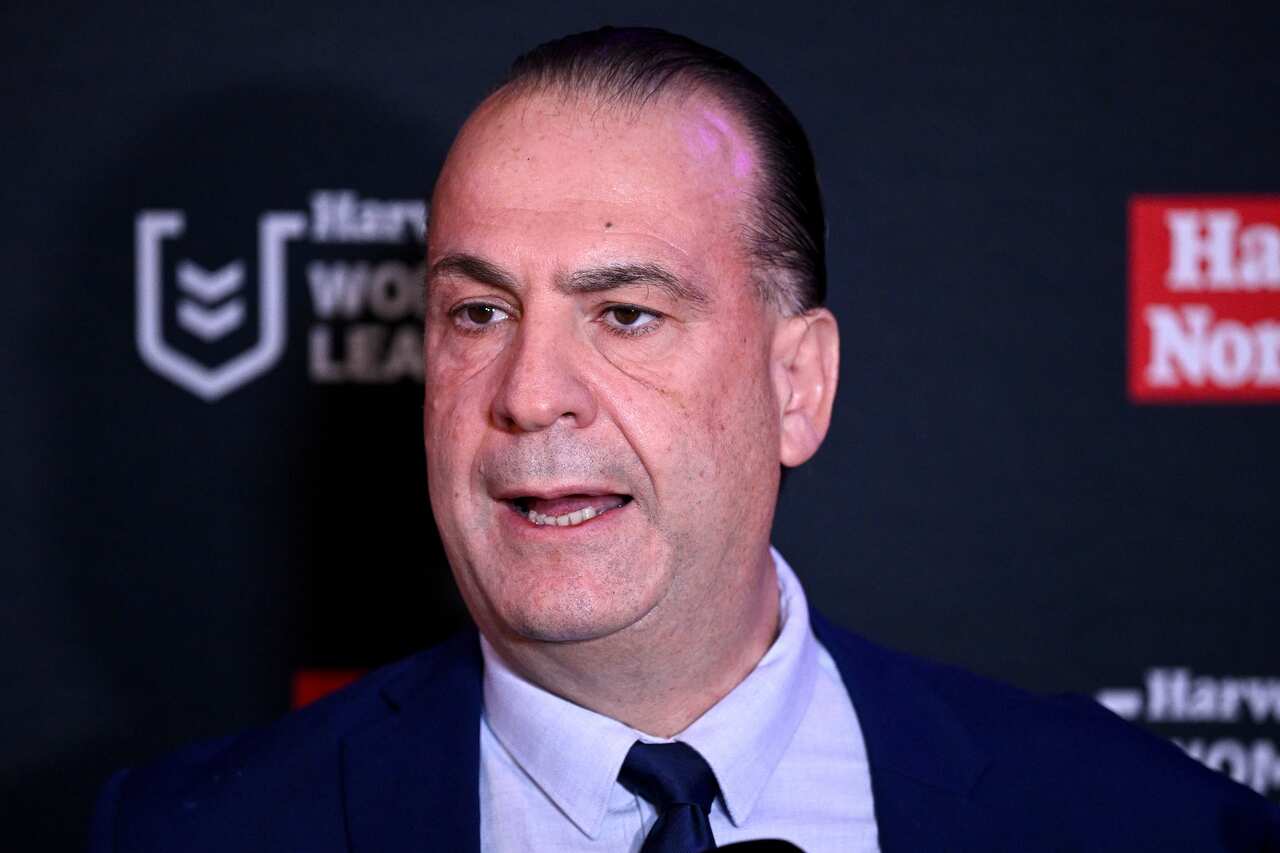 ARL Commission Chairman Peter VLandys speaks to media following the launch of the NRLs Women in League Round in Sydney, Tuesday, July 26, 2022. (AAP Image/Dan Himbrechts) NO ARCHIVING