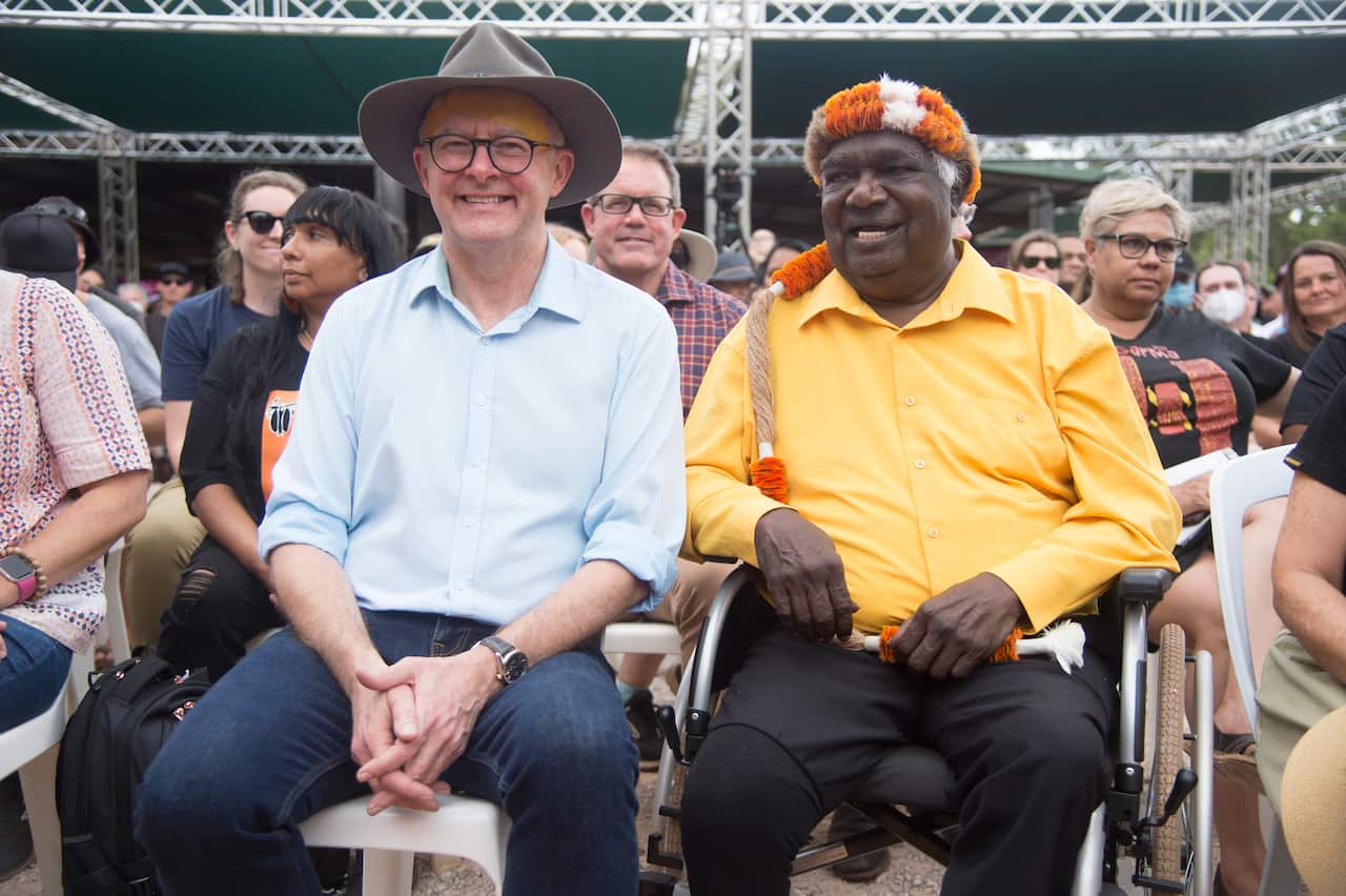 Prime Minister Anthony Albanese with Yothu Yindi Foundation Chair Galarrwuy Yunupingu the Garma Festival in northeast Arnhem Land, Northern Territory, Friday, July 29, 2022. The push to get an Indigenous voice in federal parliament is expected to be a key