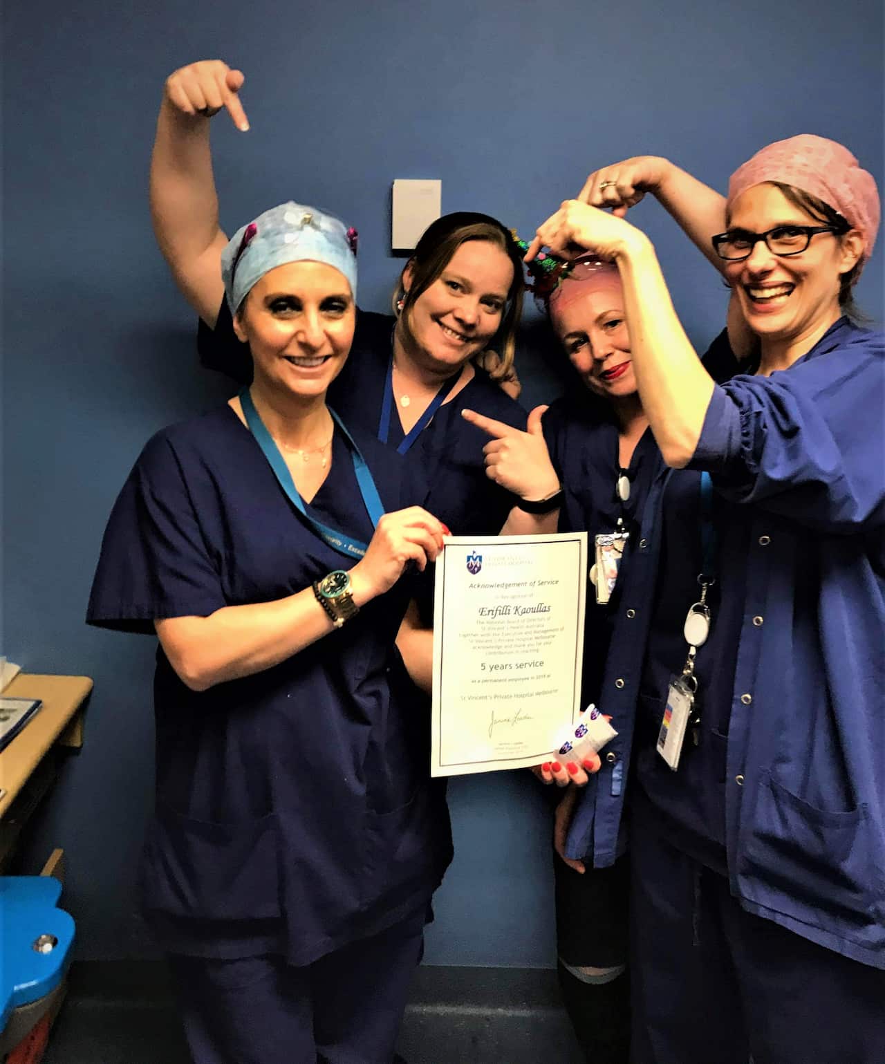 Surgical Technician Filli Kaoullas, Anaesthetics Manager Rebecca Morris, Tammy Caine Neurosurgery Manager, Diamond Kavidas Theatre Reception assistant.