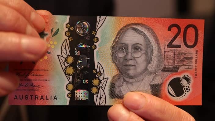 Raised bumps to facilitate the blind and low vision community are seen on Australia's new $20 note at The Reserve Bank of Australia,October 1, 2019.