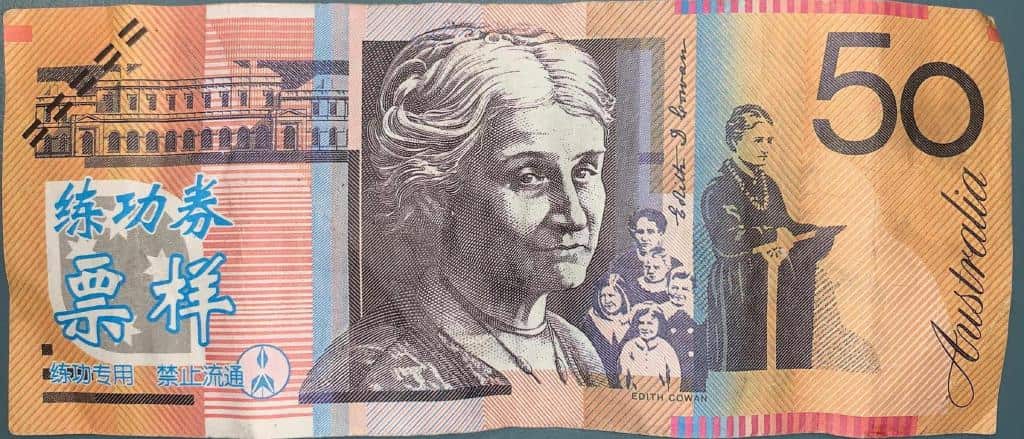 A fake $50 note with Chinese
