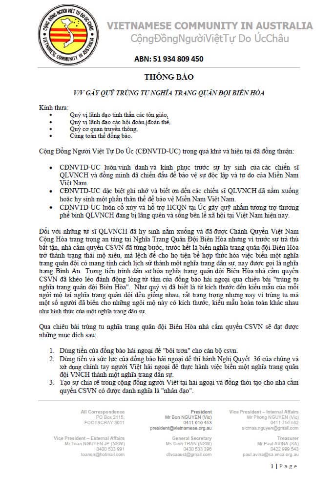 Thông báo của CĐNVTD Liên bang Úc châu