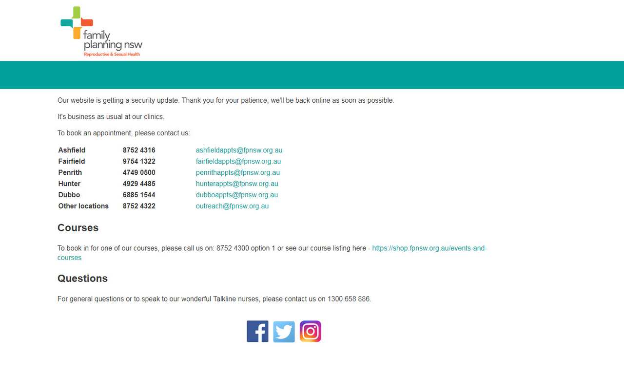 How the Family Planning NSW website appeared on Monday afternoon after the cyber-attack.