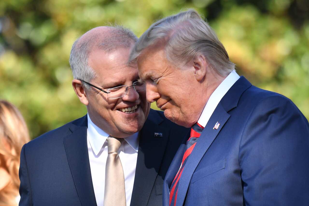 United States President Donald Trump and Australia's Prime Minister Scott Morrison at a ceremonial welcome on the south lawn of the White House in Washington DC, United States, Friday, September 20, 2019. (AAP Image/Mick Tsikas) NO ARCHIVING