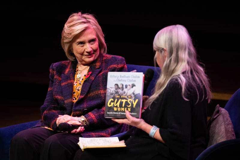 Hillary Clinton (left) talking to Mary Beard at the Southbank Centre in London at the launch of Gutsy Women: Favourite Stories of Courage and Resilience