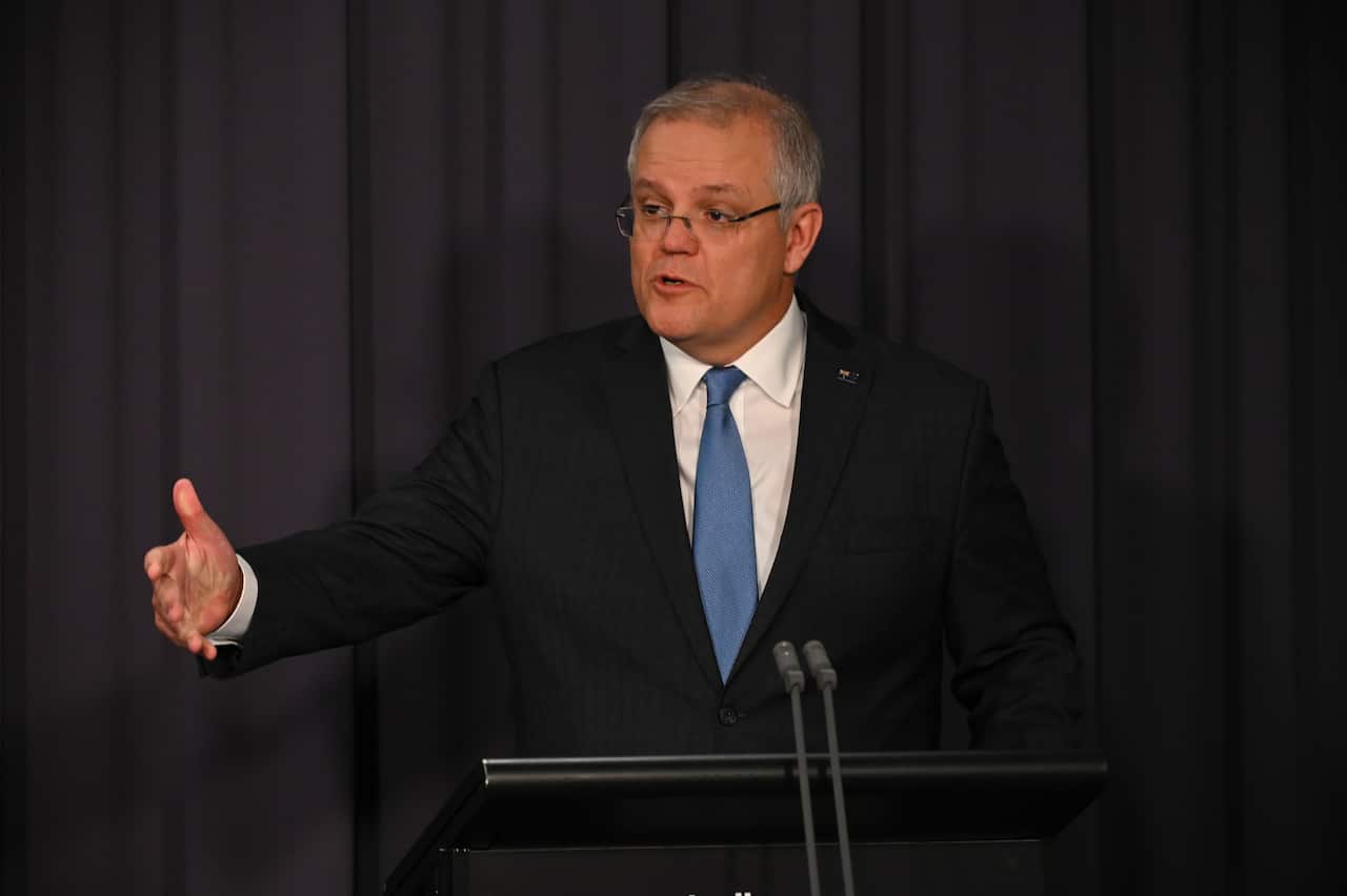 Australian Prime Minister Scott Morrison speaks to the media during a press conference at Parliament House in Canberra, Wednesday, April 29, 2020. (AAP Image/Lukas Coch/Pool)