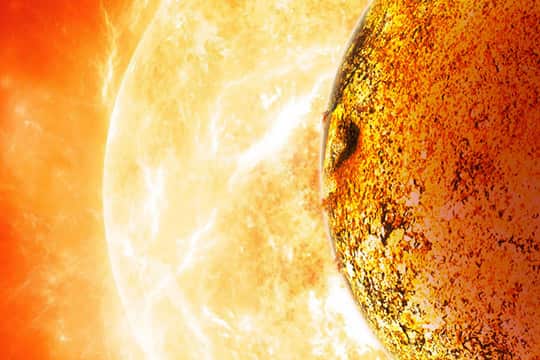 The planet Kepler-78b, foreground, orbiting less than one million miles from its sun
