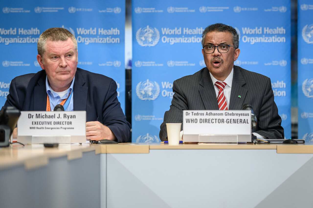 A file photo of WHO Health Emergencies Programme Director Mike Ryan and WHO Director-General Tedros Adhanom Ghebreyesus.