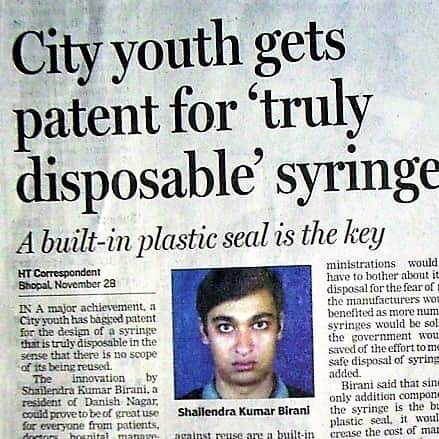 Shailendra_disposable syringe patent owner_India