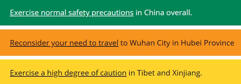 Travel alert level, China, 20200124