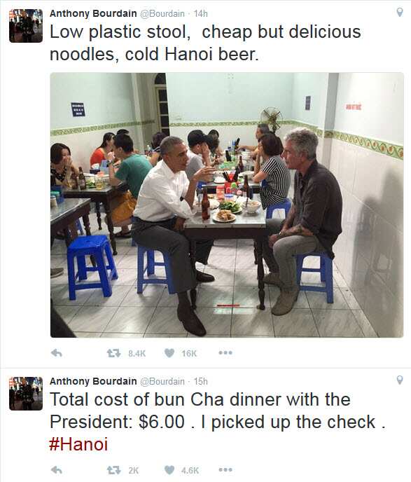 Barack Obama enjoys a $6 dinner with Anthony Bourdain in Vietnam