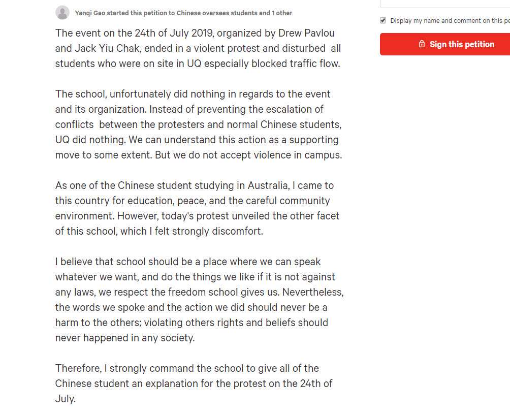 Change.org petition to 'stop UQ's violent event "Action For Hong Kong and XinJiang!"'