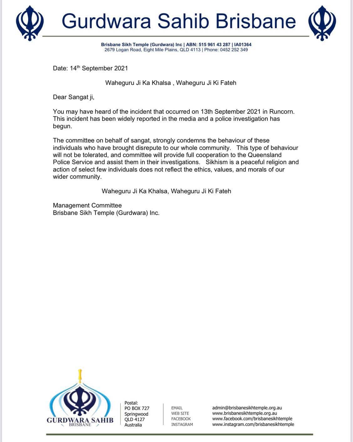 The management committee of the Brisbane Sikh temple released this statement.