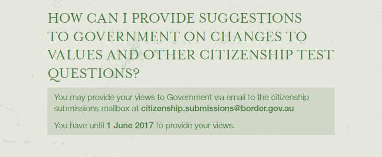 HOW CAN I PROVIDE SUGGESTIONS TO GOVERNMENT ON CHANGES TO VALUES AND OTHER CITIZENSHIP TEST QUESTIONS?