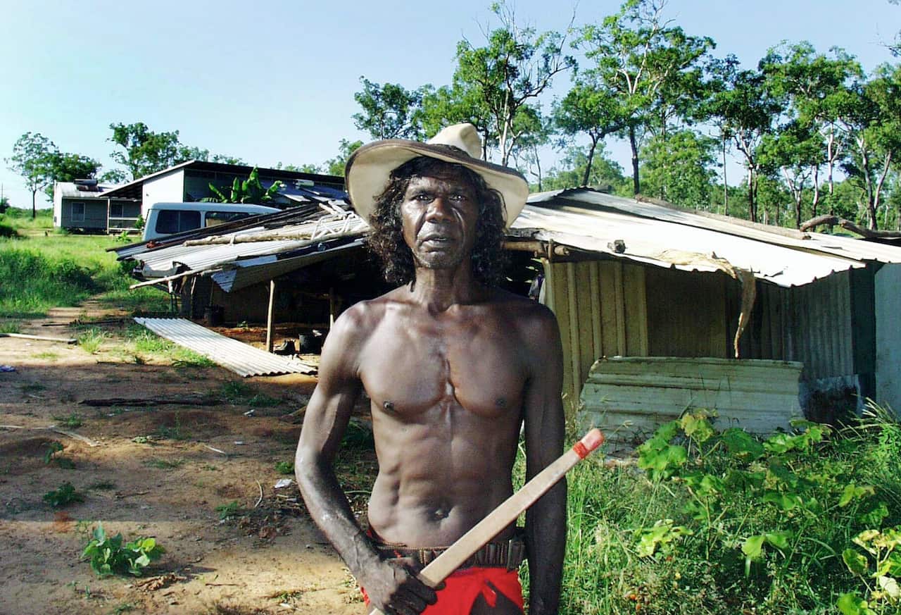 David Dalaithngu and his humpy at Tank Creek in Arhnem Land in 2002. 