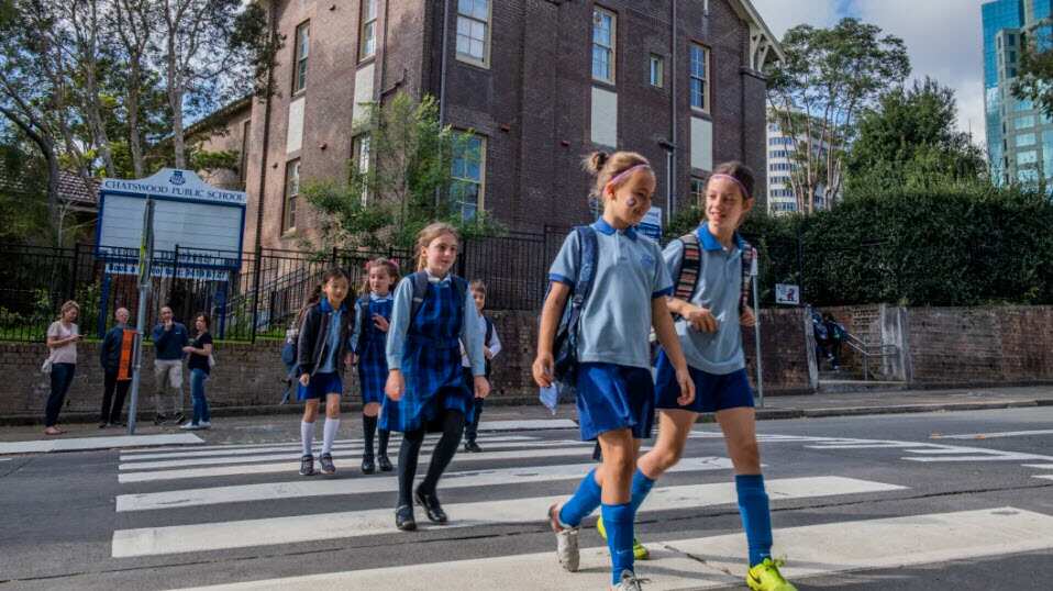 Parents and students outside Chatswood Public School.