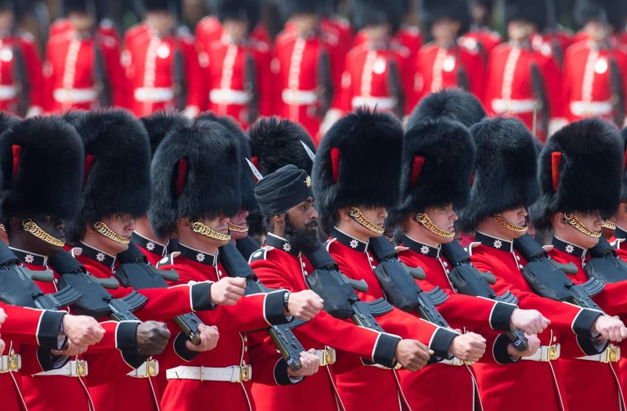 Charanpreet Singh Lall, of the Coldstream Guards (centre) during the Trooping the Colour ceremony at Horse Guards Parade