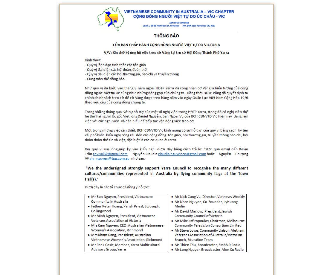 Thông báo của CĐNVTD Victoria 