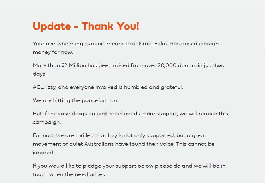 New Israel Folau appeal 'paused' after topping $2m in three days