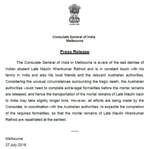 Press Release from Indian Consulate Melbourne