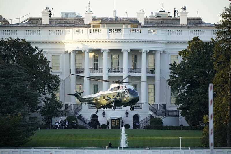 Marine One lifts off from the White House to carry President Donald Trump to Walter Reed National Military Medical Center