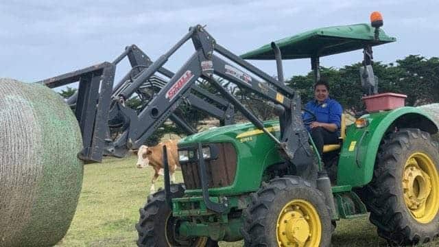 Rosie driving the tractor in Omaru farm