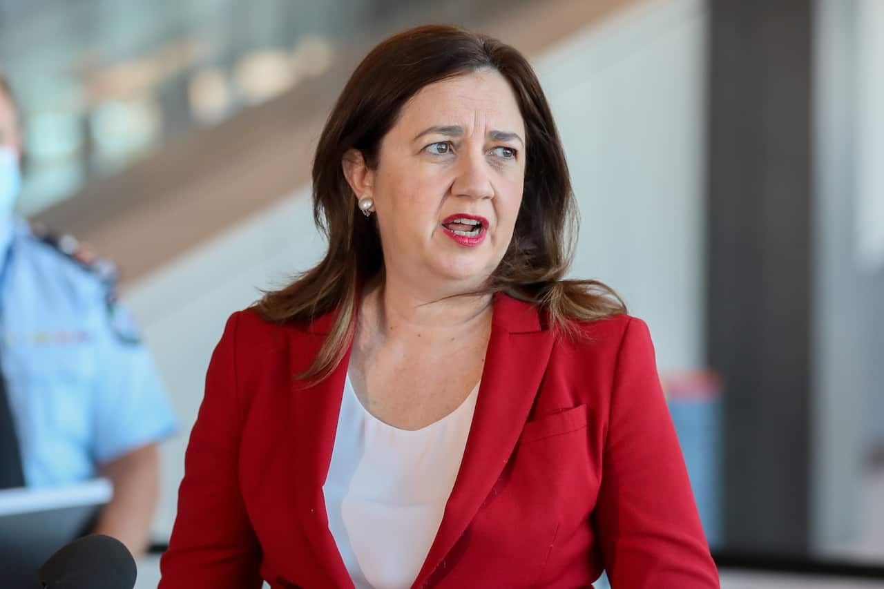 Queensland Premier Annastacia Palaszczuk during a press conference at a pop-up vaccination hub at Brisbane International Cruise Terminal in Brisbane, Thursday, September 23, 2021. (AAP Image/Russell Freeman) NO ARCHIVING