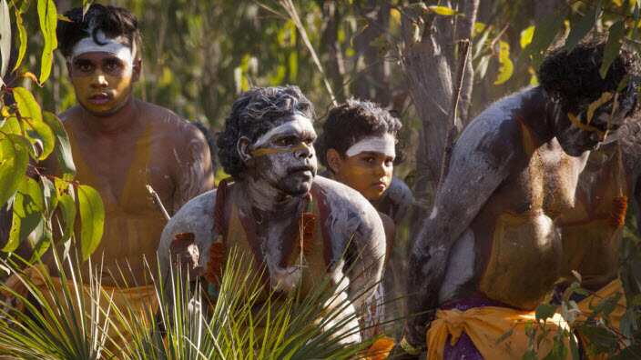 Members of the Gumatj caln perform bunggul (ceremonial dancing) at the Garma Festival in northeast Arnhem Land. 