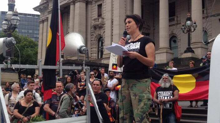 Celeste Liddle addressing the massive crowd at the Melbourne march.