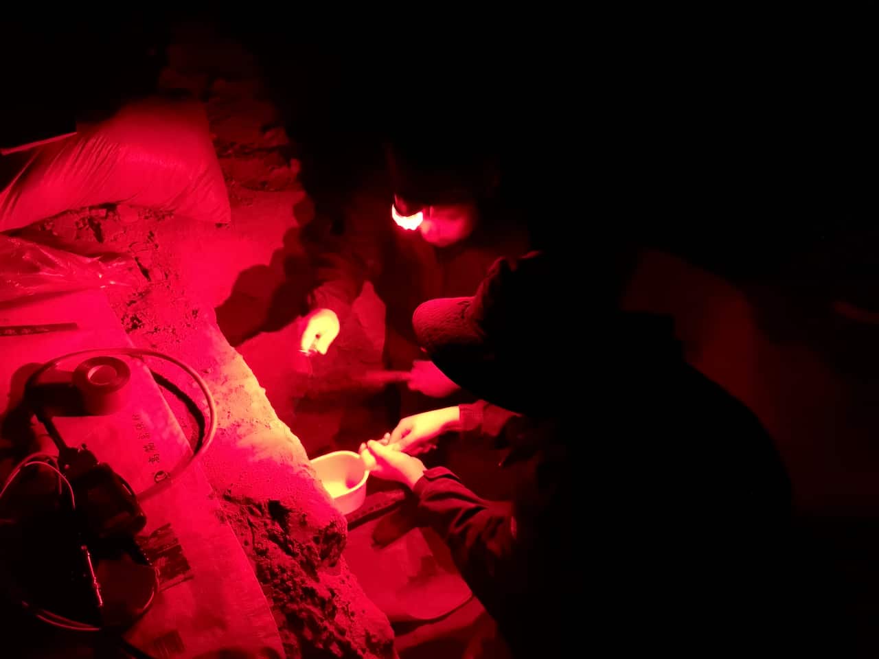 李波（Li, Bo Dr.）博士在丹尼索瓦人遗址进行夜间采样