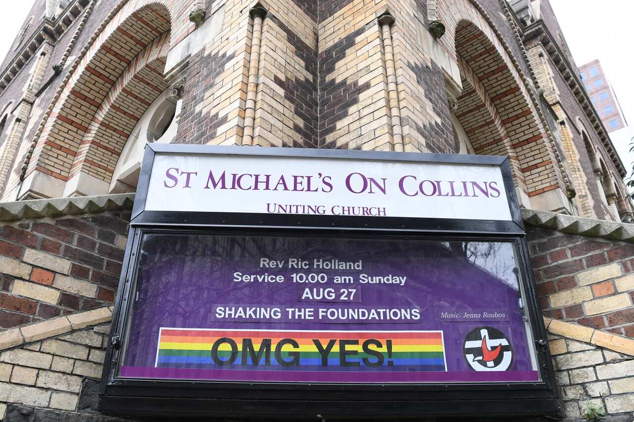 A marriage equality sign is seen on the exterior of the St Michael's Uniting Church in Melbourne.
