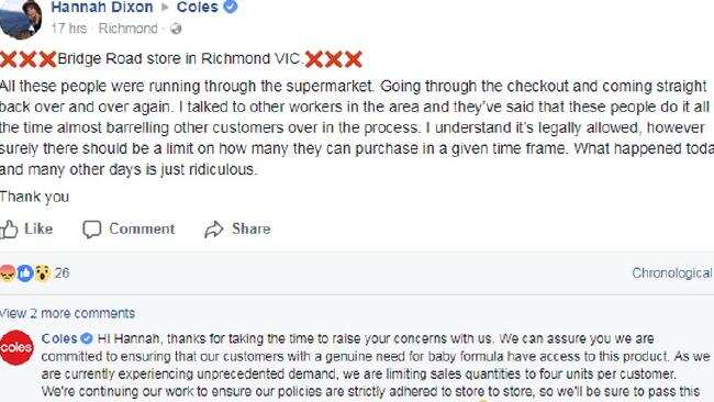Hannah Dixon confronted Coles on Facebook.