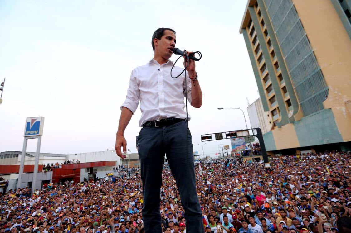 Venezuela's opposition leader and self-proclaimed interim president Juan Guaido, speaks to supporters during a rally in Maracaibo, Venezuela, Saturday, April 13, 2019 (AAP)