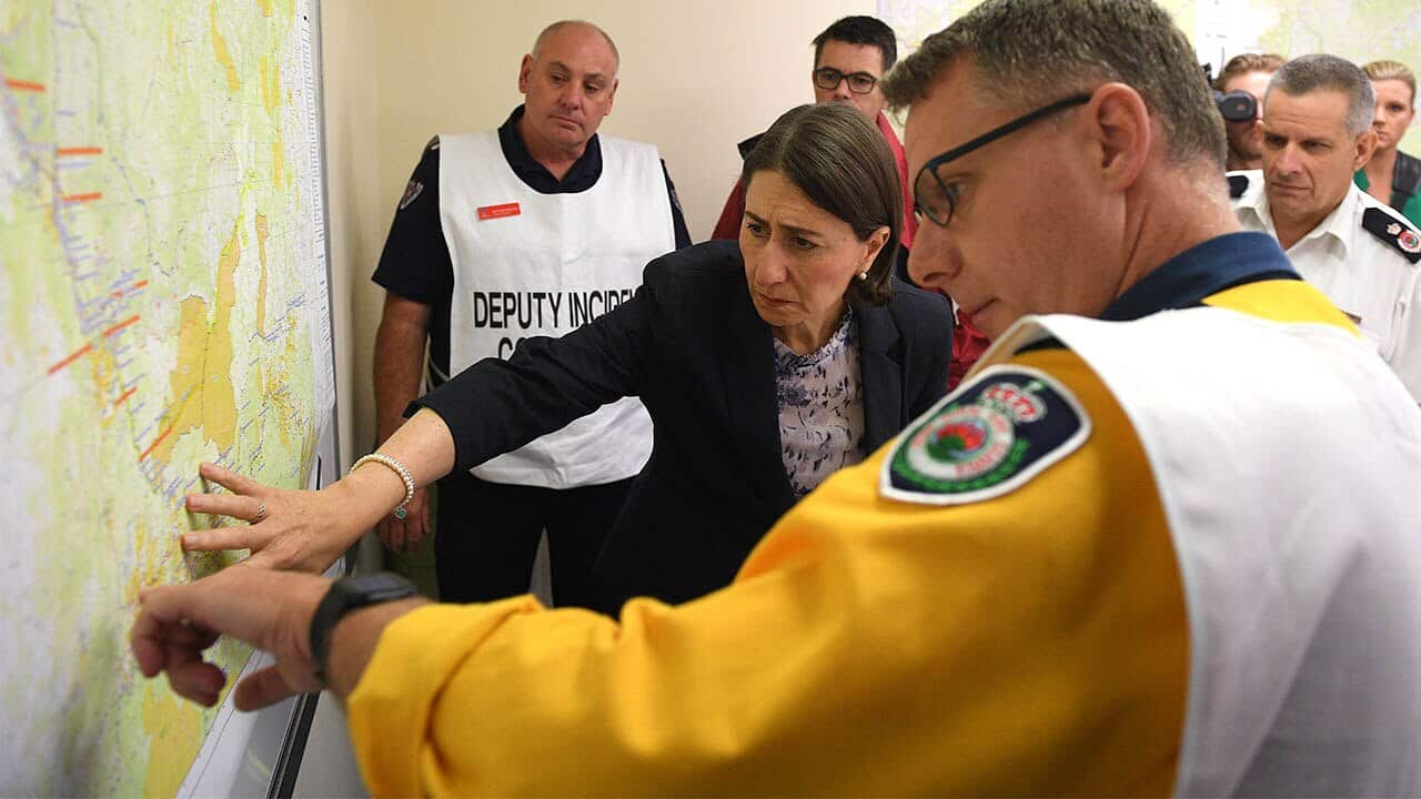 NSW Premier Gladys Berejiklian during a bushfire briefing at the Blue Mountains Fire Control Centre in Katoomba on Monday. 