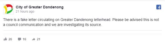 The City of Dandenong has slammed a hoax letter which was sent to its residents.