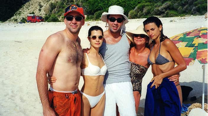 Hollywood stars Nicolas Cage (L) and Penélope Cruz (R) with Greek Canadian actor Marco Kyris (middle) in Kefallonia island. 