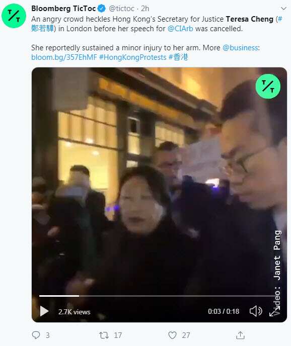 Hong Kong justice secretary Teresa Cheng injured in London while surrounded by protesters
