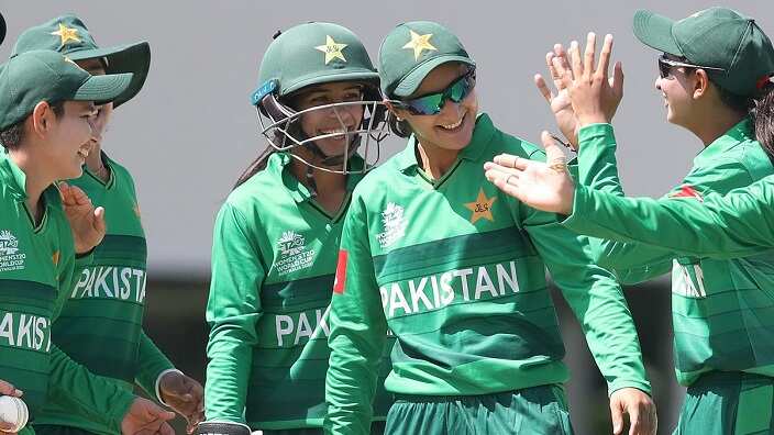 Pakistan celebrate a wicket during the ICC Women's T20 Cricket World Cup match