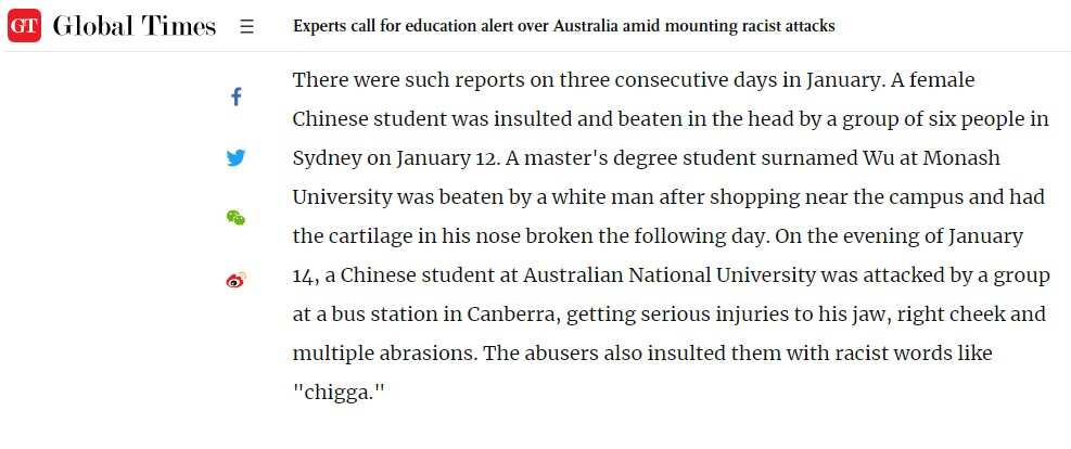 环球时报撰文称中国留学生在澳遭到攻击