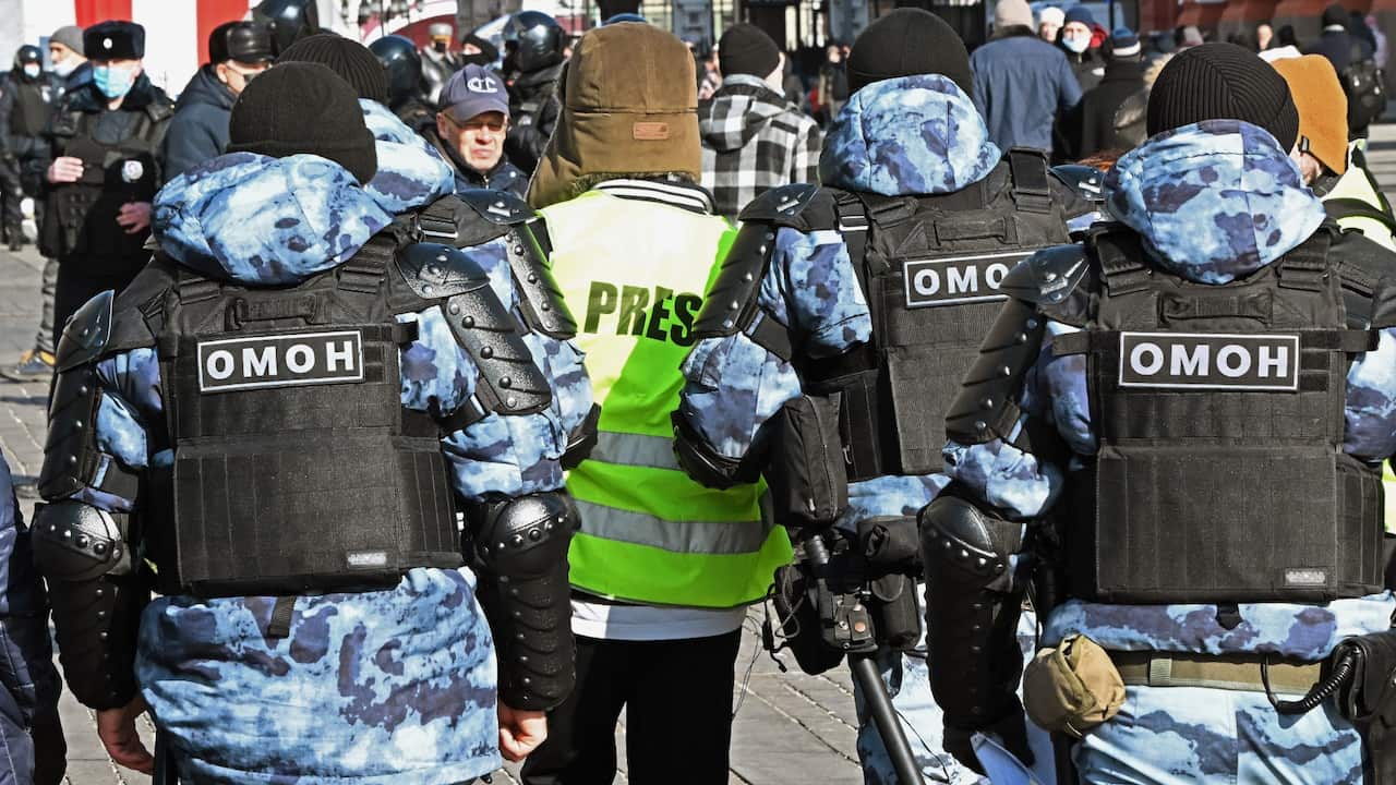 Uncoordinated action against the special military operation of the Russian Armed Forces in Ukraine on Manezhnaya Square. Police officers during the detention of protesters. 13.03.2022 Russia, Moscow