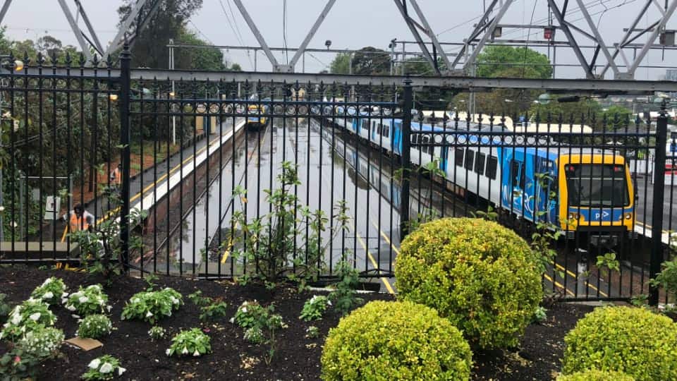 The train station here at Flemington has turned into a bit of a pool,with the platform on the right unusable due to floodingCREDIT:
