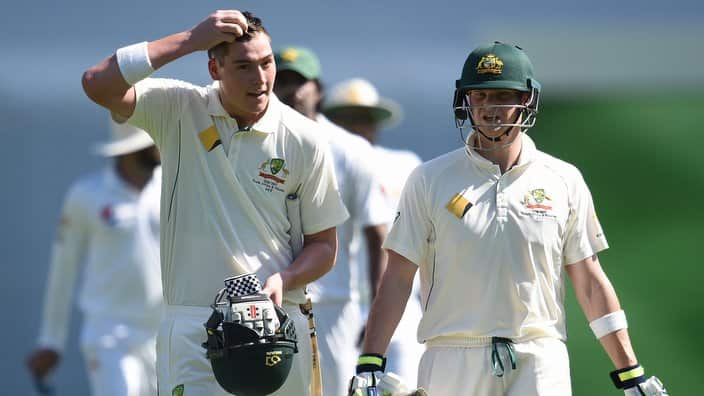 Australian batsmen Matt Renshaw (left) and Steve Smith