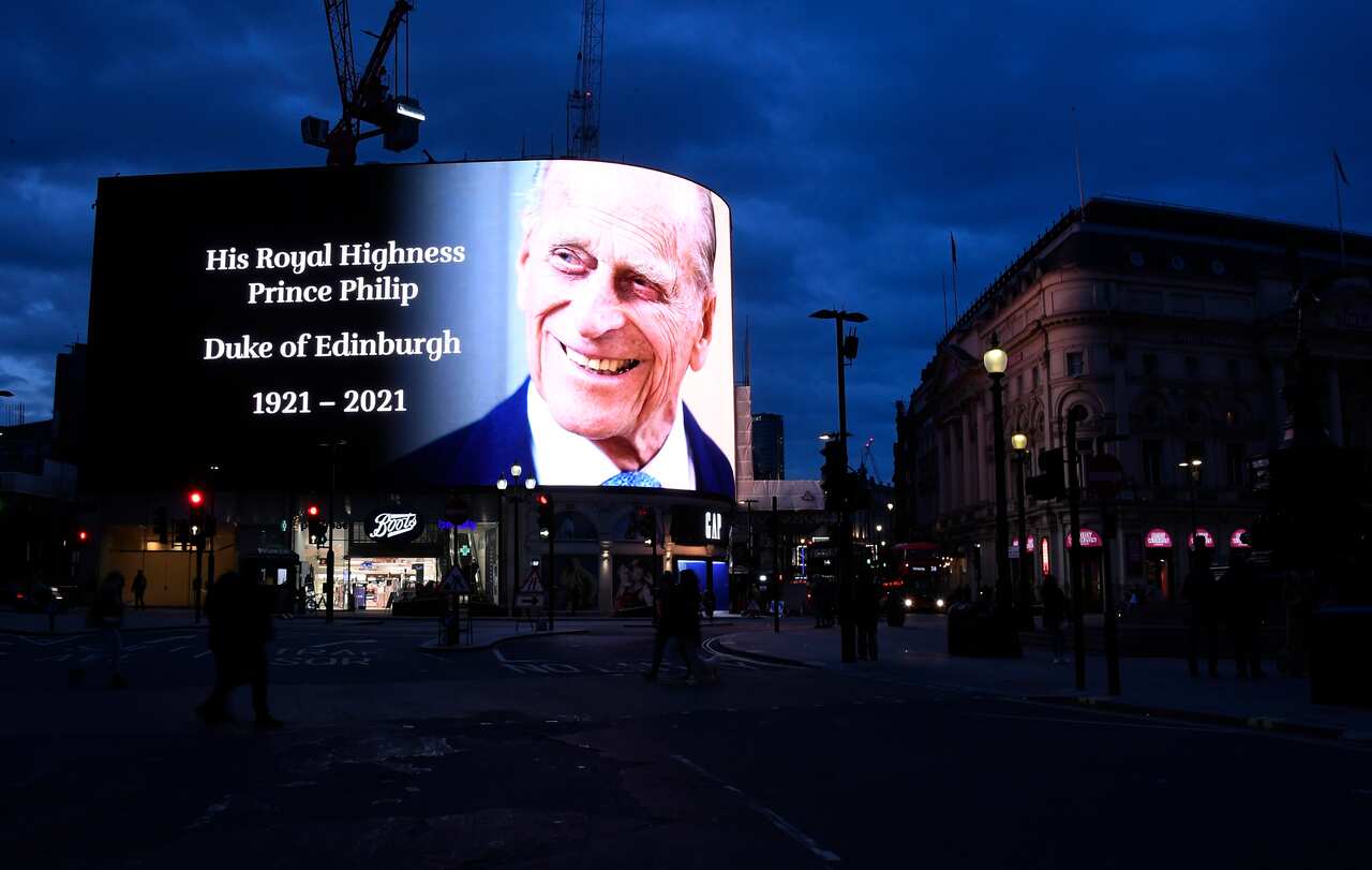A tribute to Britain's Prince Philip is projected onto a large screen at Piccadilly Circus in London, Friday, 9 April, 2021. 