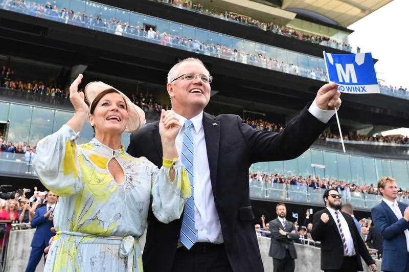 Prime Minister Scott Morrison and wife Jenny watch champion racehorse Winx win the Queen Elizabeth Stakes.